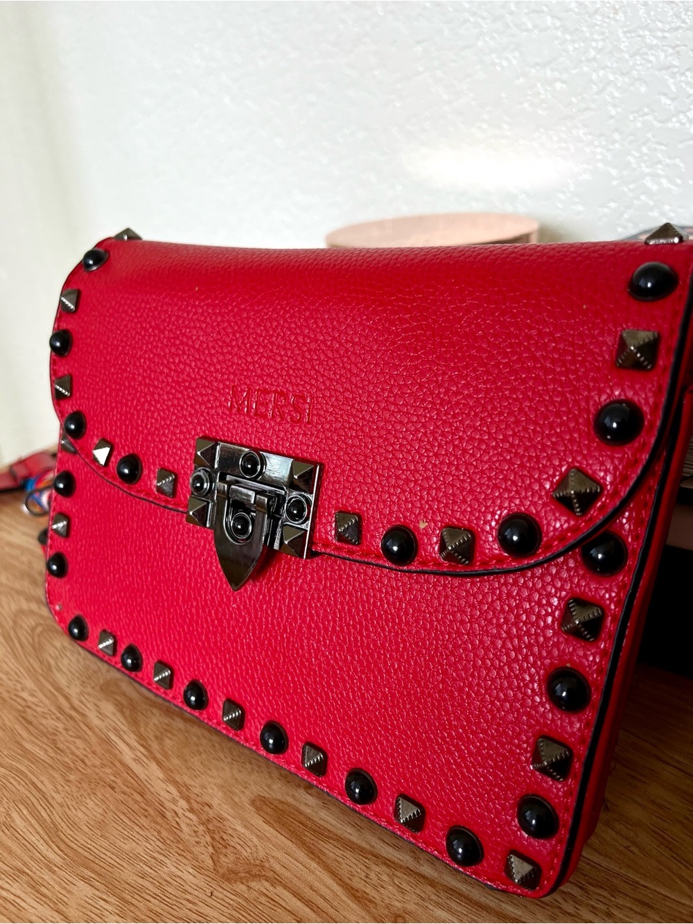 Red Studded Leather Crossbody Bag with Metal Turn-Lock